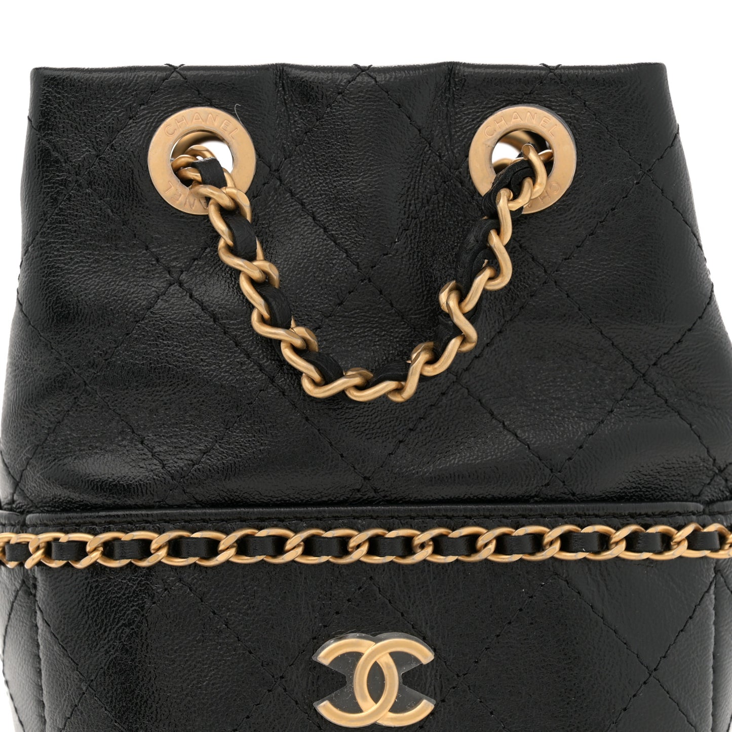 Shiny Lambskin Quilted Nauticoco Bucket Bag Black
