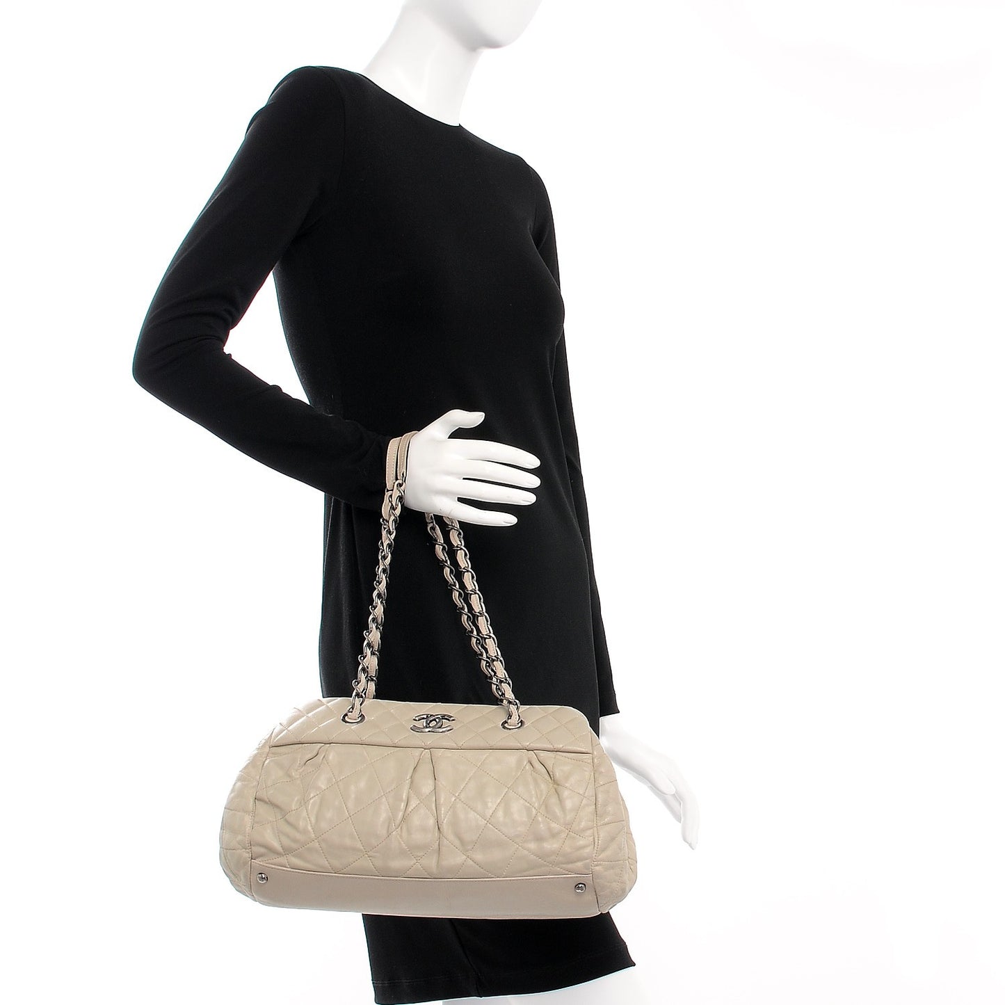 Iridescent Calfskin Chic Quilt Bowling Bag Beige
