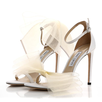 Jimmy Choo Grosgrain Asymmetric Mesh Fascinator Aveline 100 Bow Sandals 41 Latte 4 of 11