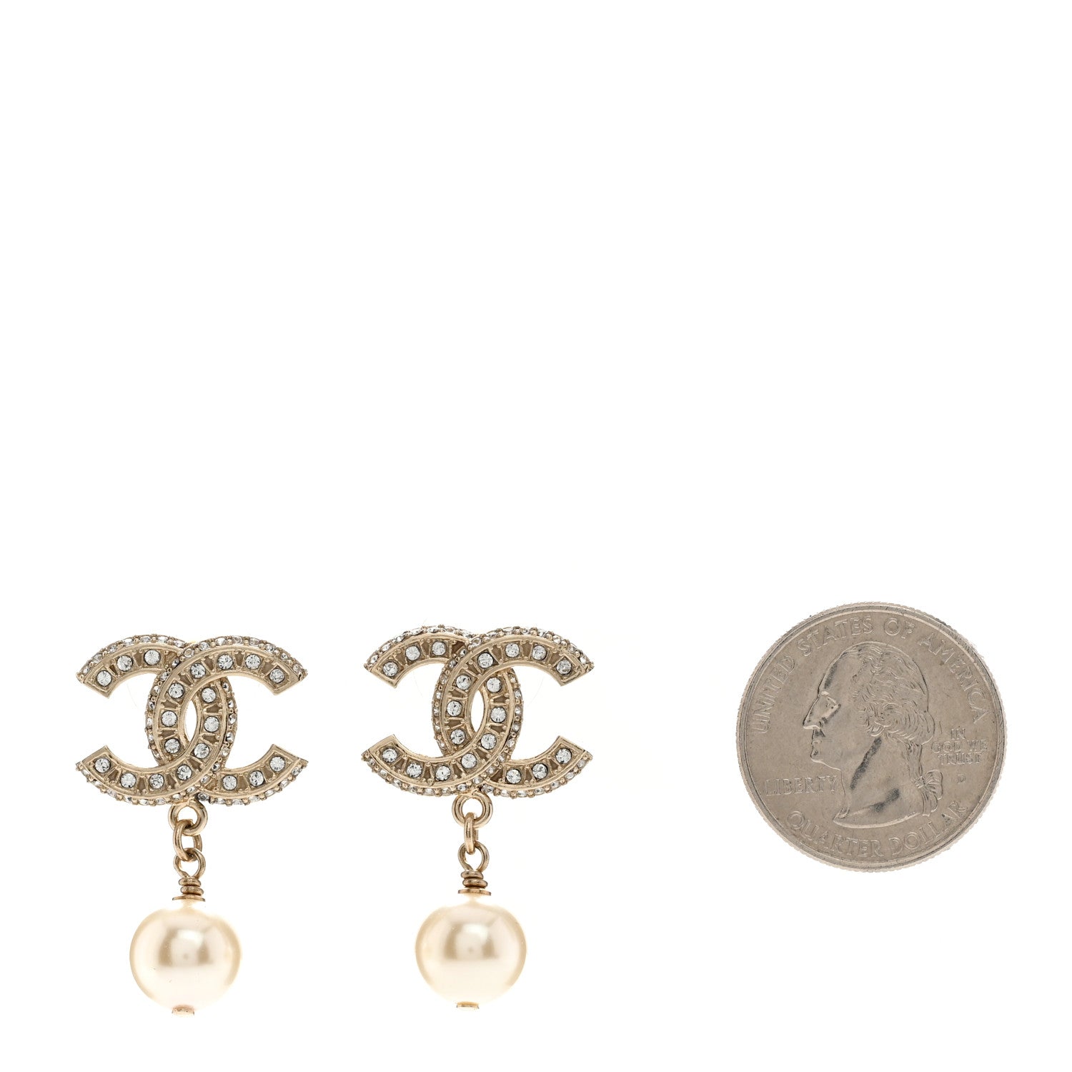 Chanel Crystal Timeless CC Pearl Drop Earrings Light Gold 2 of 5