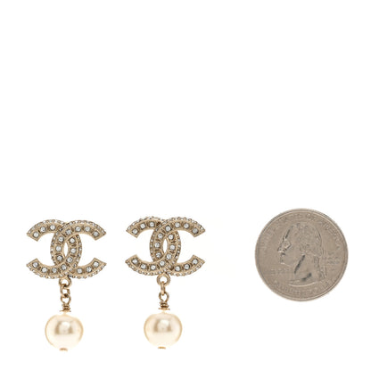 Chanel Crystal Timeless CC Pearl Drop Earrings Light Gold 2 of 5