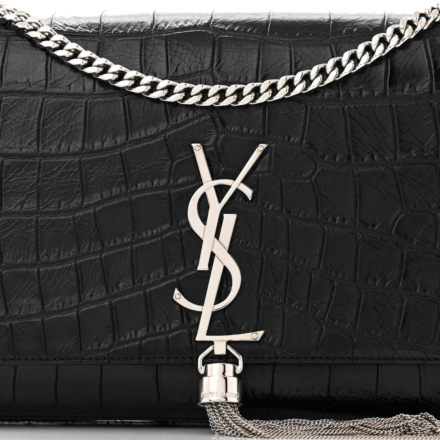 Saint Laurent Calfskin Crocodile Embossed Medium Classic Monogram Kate Tassel Satchel Black 7 of 9