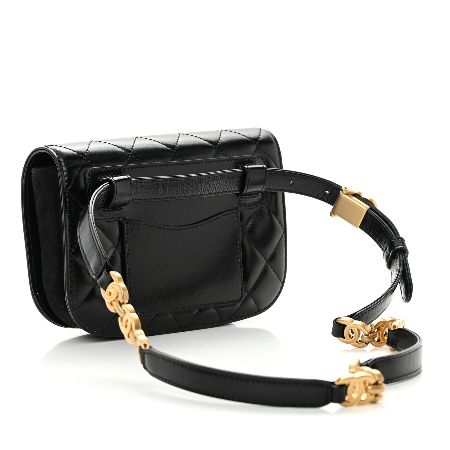 Shiny Calfskin Quilted Suede Goatskin Belt Bag Black