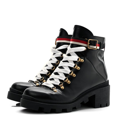 Gucci Calfskin Sylvie Web Lace Up Combat Boots 41 Black 3 of 8