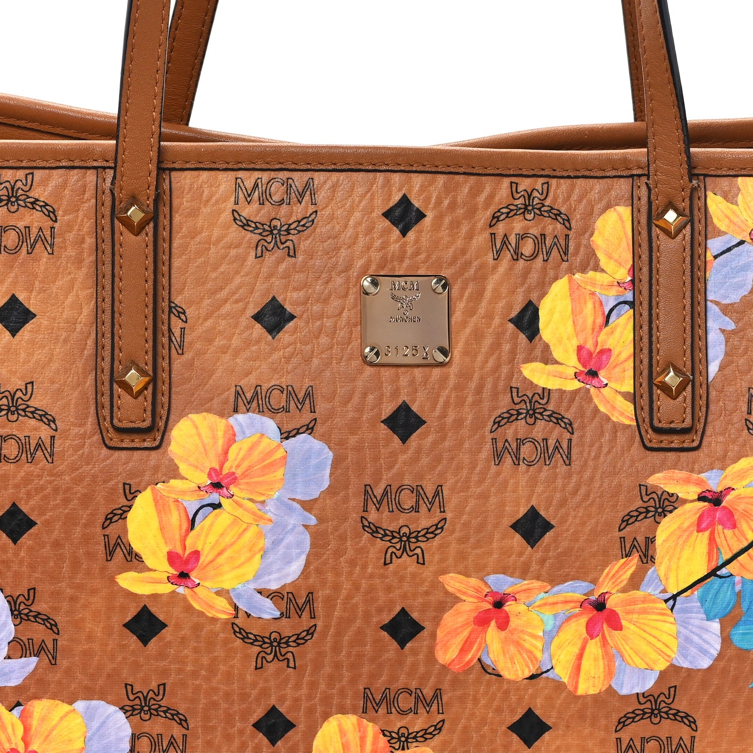 MCM Visetos Floral Print Medium Essential Zip Top Shopper Tote Cognac 8 of 11