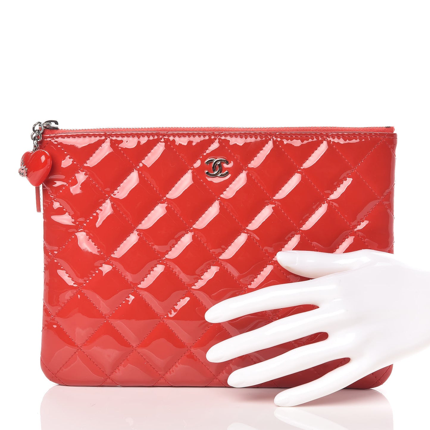 Patent Calfskin Quilted Valentine Hearts O Cosmetic Case Dark Pink