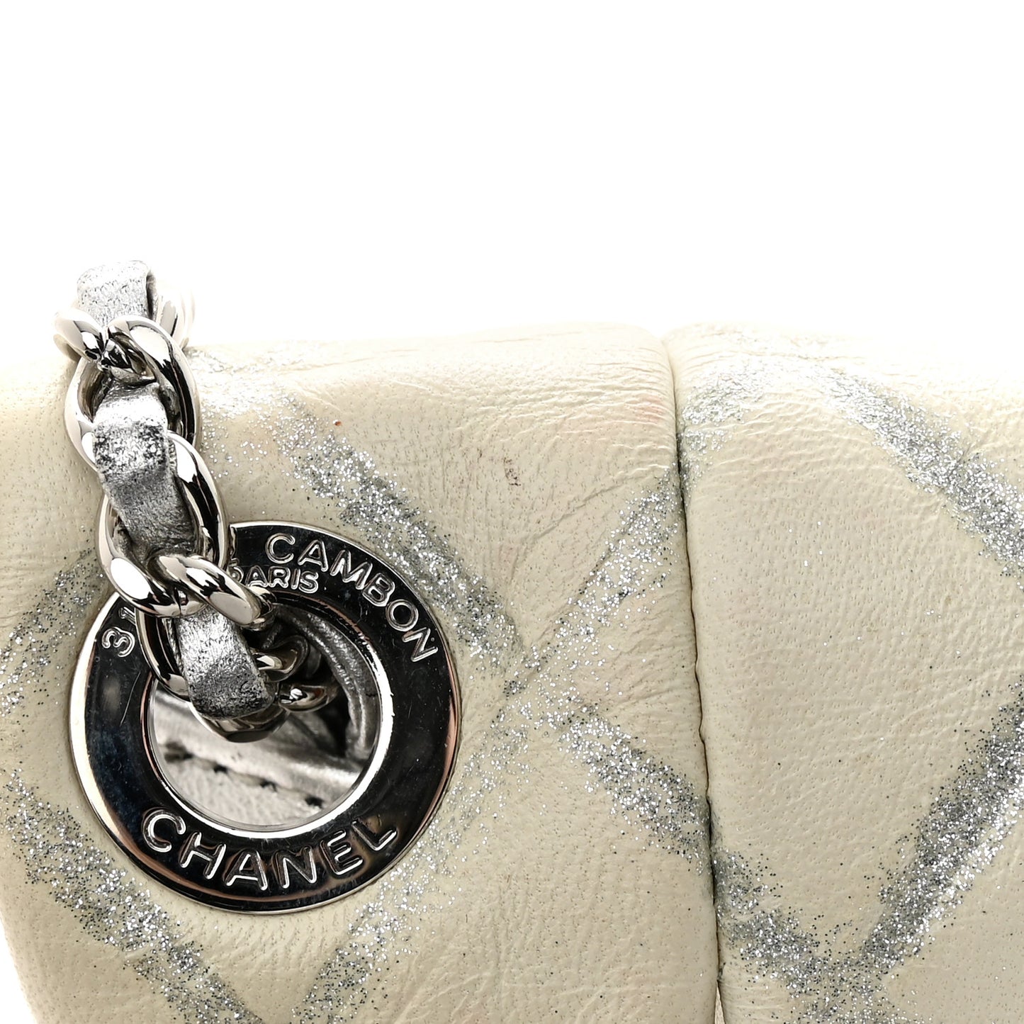 Metallic Distressed Lambskin Quilted CC Flap Ivory