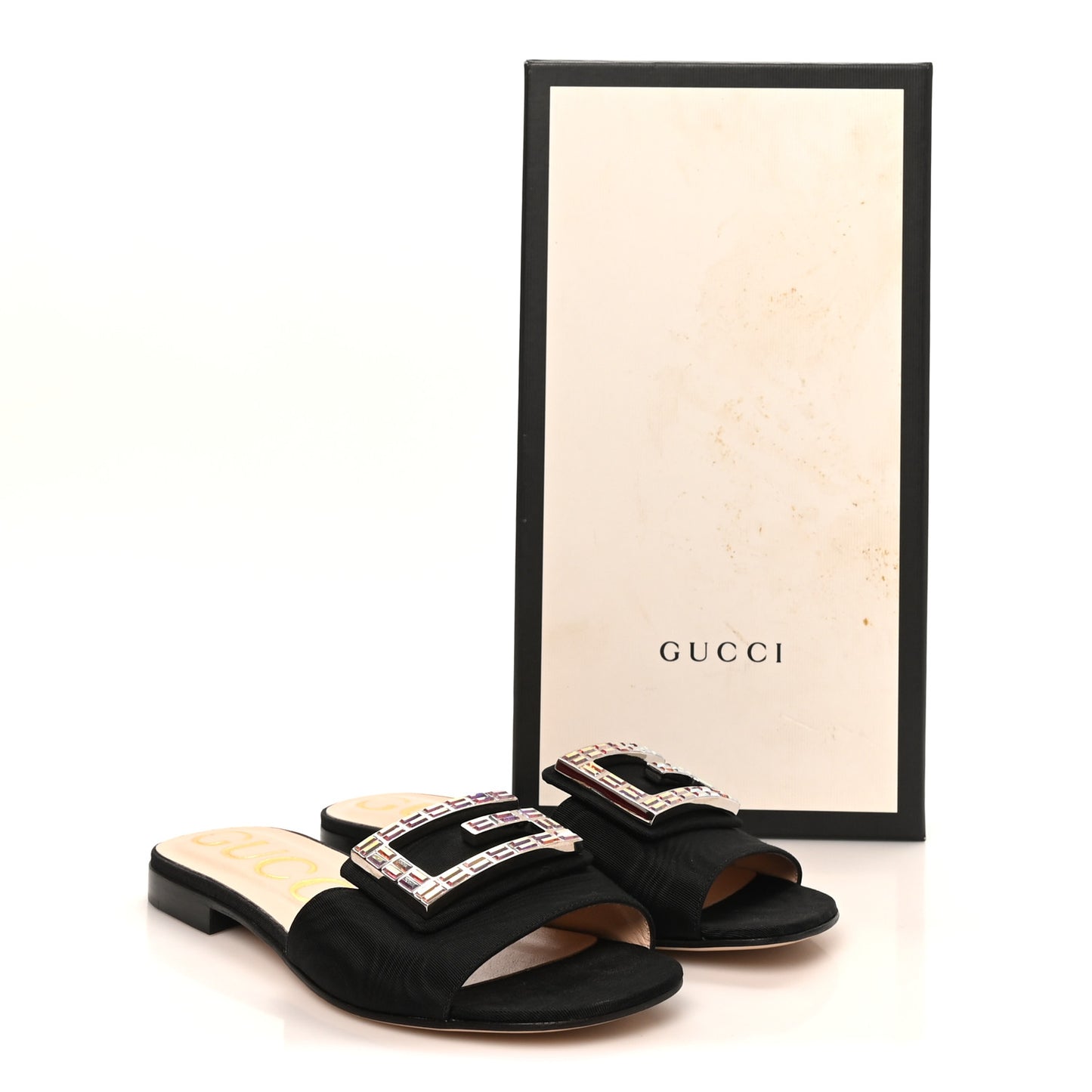 Moire Fabric Crystal Square G Madelyn Slide Sandals 38 Black