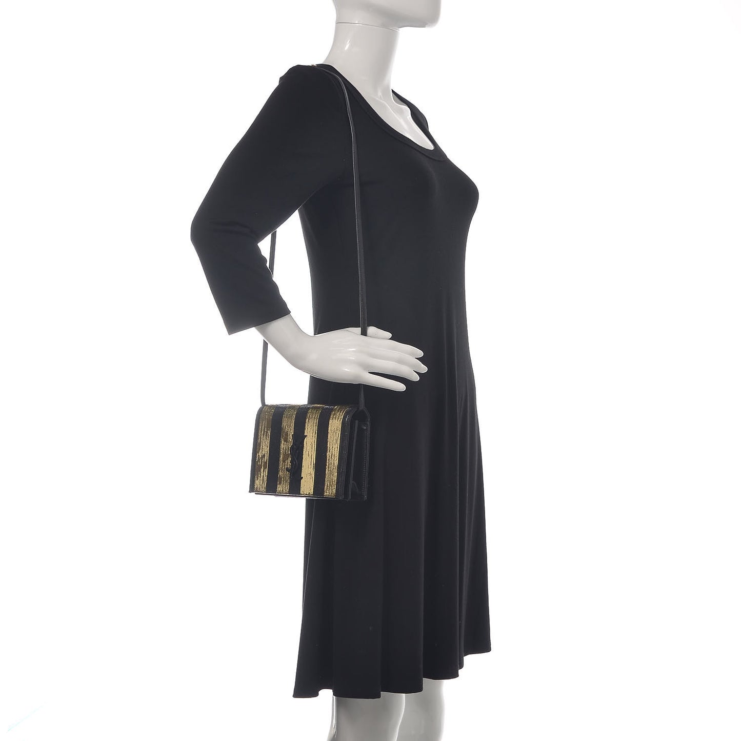 Metallic Calfskin Striped Small Monogram Kate Satchel Black Gold