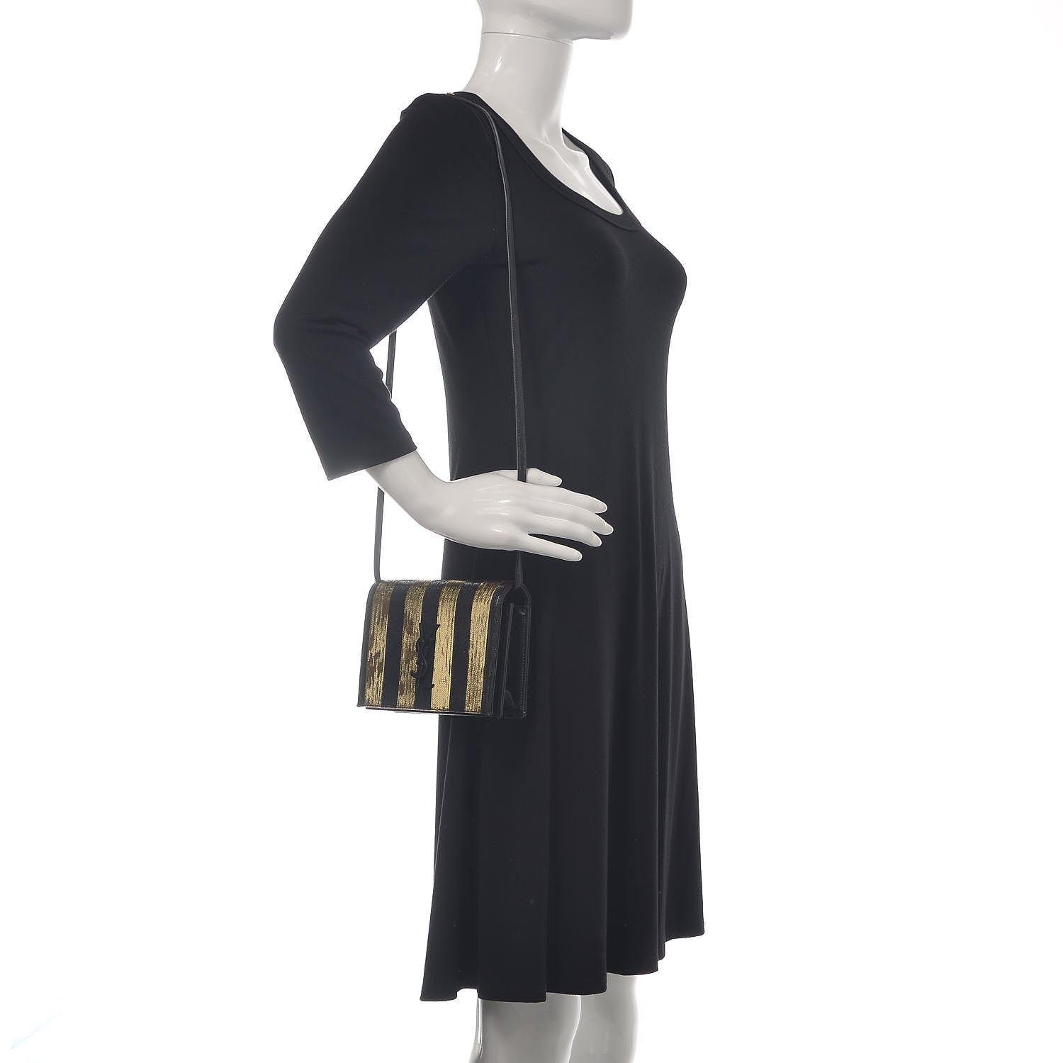 Saint Laurent Metallic Calfskin Striped Small Monogram Kate Satchel Black Gold 2 of 13