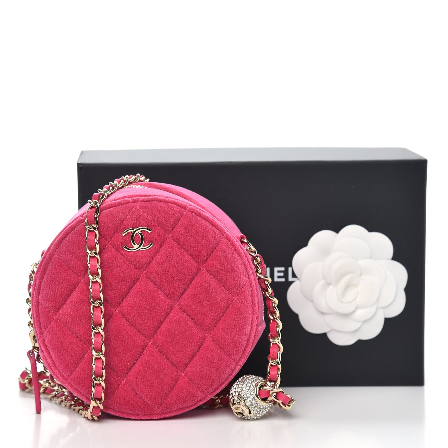 Velvet Round Quilted Pearl Crush Clutch With Chain Pink
