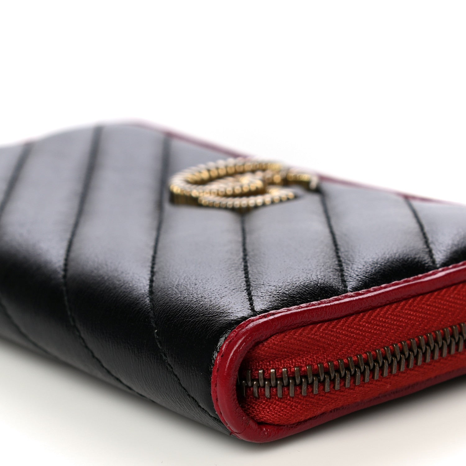 Gucci Vintage Effect Calfskin Matelasse Diagonal Torchon GG Marmont Zip Around Wallet Black Romantic Cherry 10 of 12