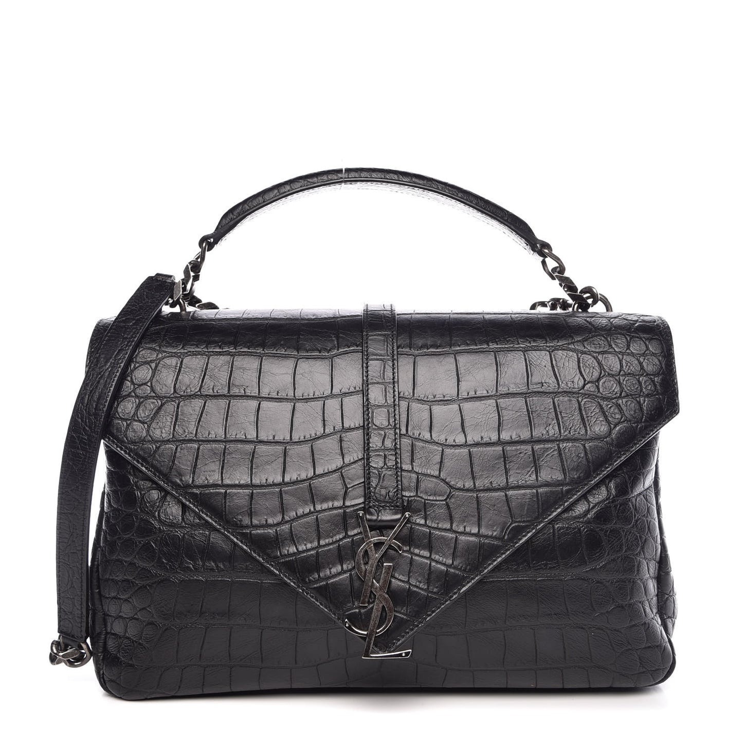 Calfskin Crocodile Embossed Monogram Large College Satchel Black