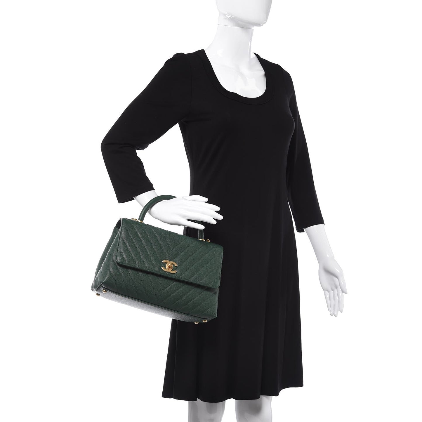 Caviar Chevron Quilted Small Coco Handle Flap Dark Green