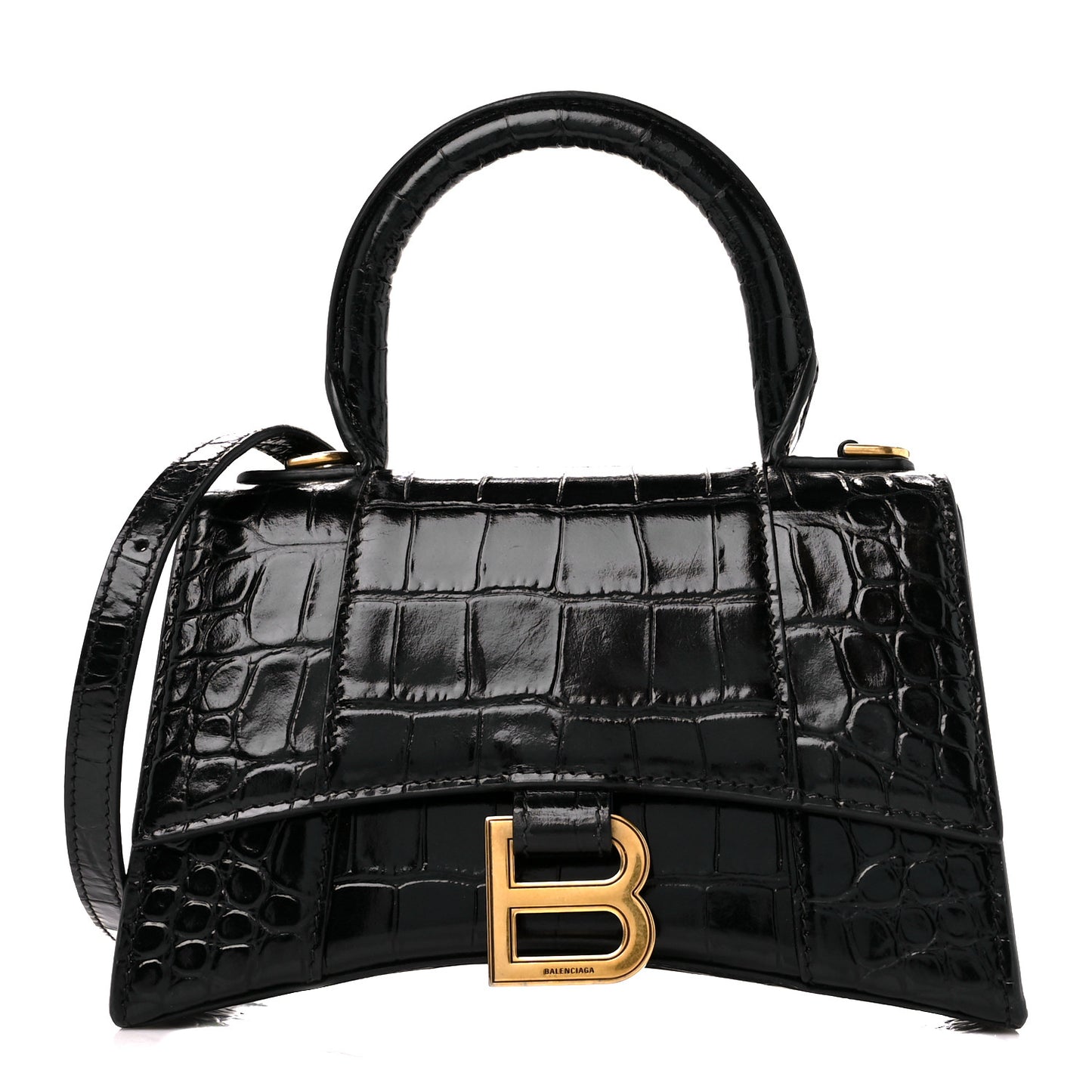 Shiny Calfskin Crocodile Embossed Hourglass Top Handle Bag XS Black