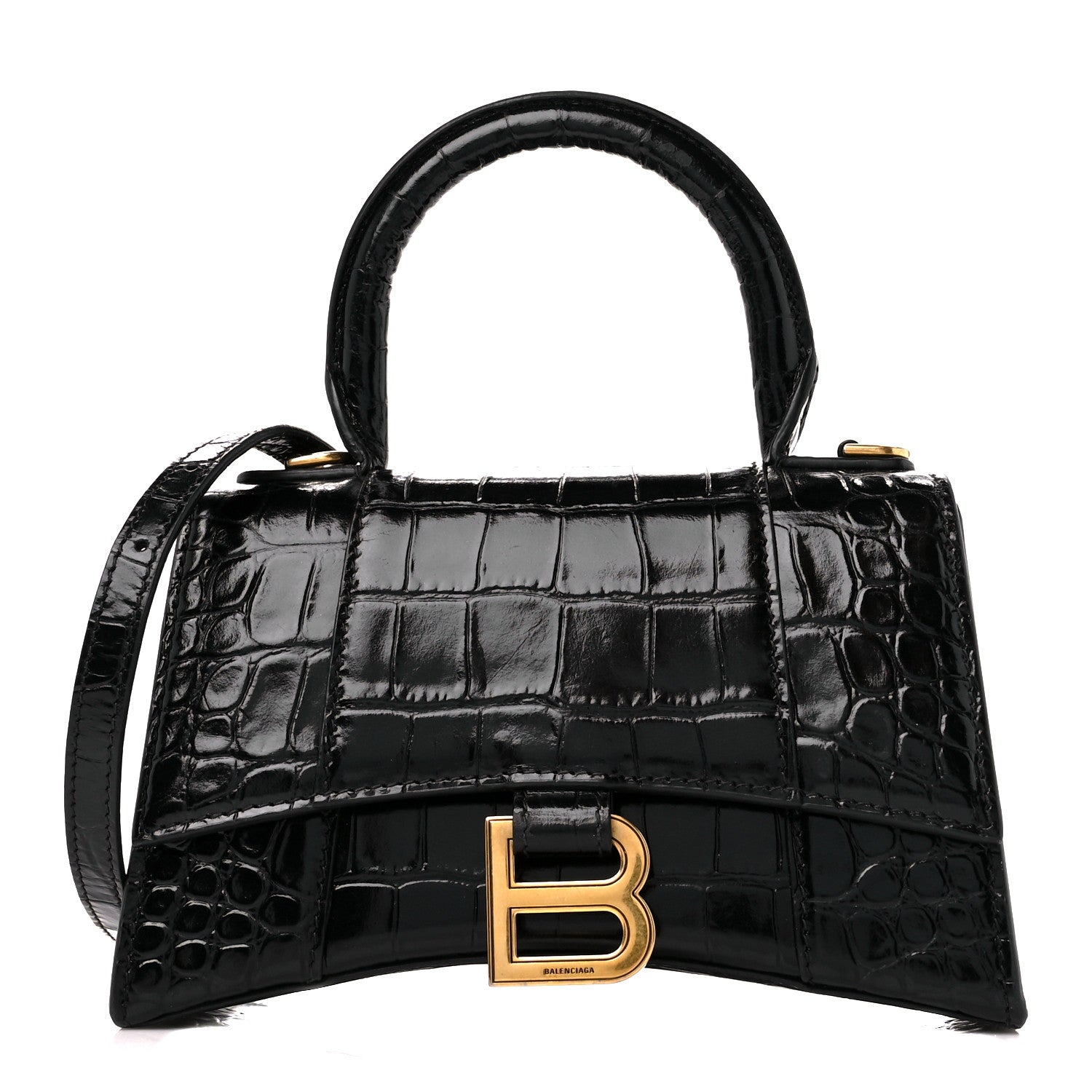 Balenciaga Shiny Calfskin Crocodile Embossed Hourglass Top Handle Bag XS Black 1 of 13