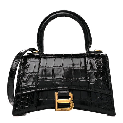 Balenciaga Shiny Calfskin Crocodile Embossed Hourglass Top Handle Bag XS Black 1 of 13