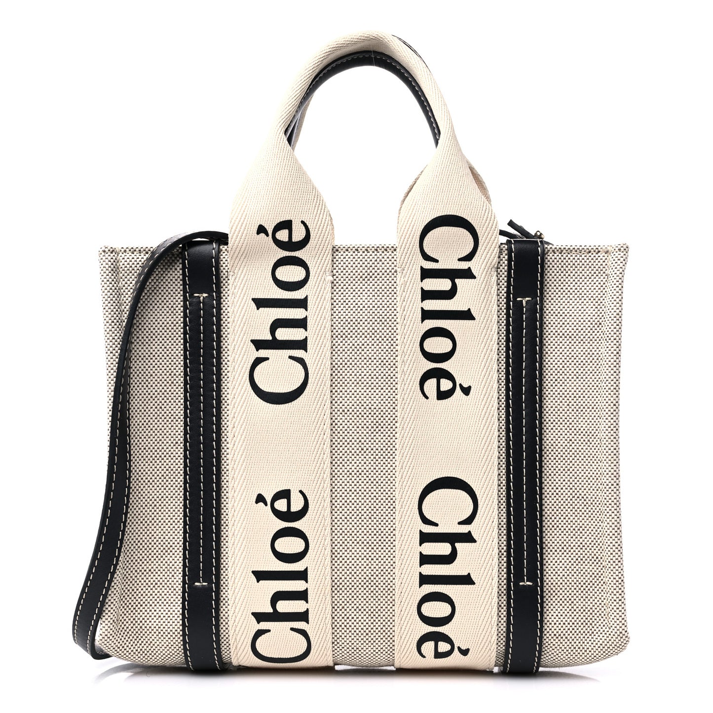Cotton Calfskin Small Woody Ribbon Tote With Strap White Navy