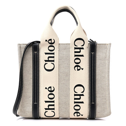Chloe Cotton Calfskin Small Woody Ribbon Tote With Strap White Navy 1 of 9