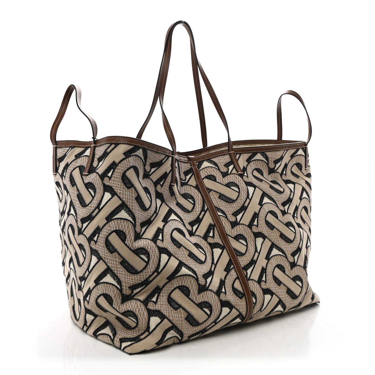 E Canvas Calfskin Monogram TB XL Beach Tote Dark Beige