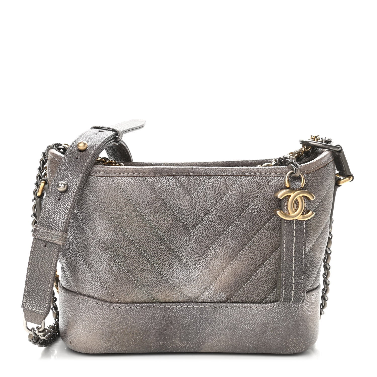 Chanel Metallic Caviar Chevron Quilted Small Gabrielle Hobo Light Silver Gold 1 of 10