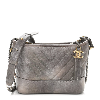 Chanel Metallic Caviar Chevron Quilted Small Gabrielle Hobo Light Silver Gold 1 of 10