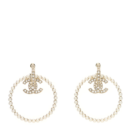 Chanel Crystal Pearl CC Door Knocker Hoop Earrings Gold Pearly White 1 of 4