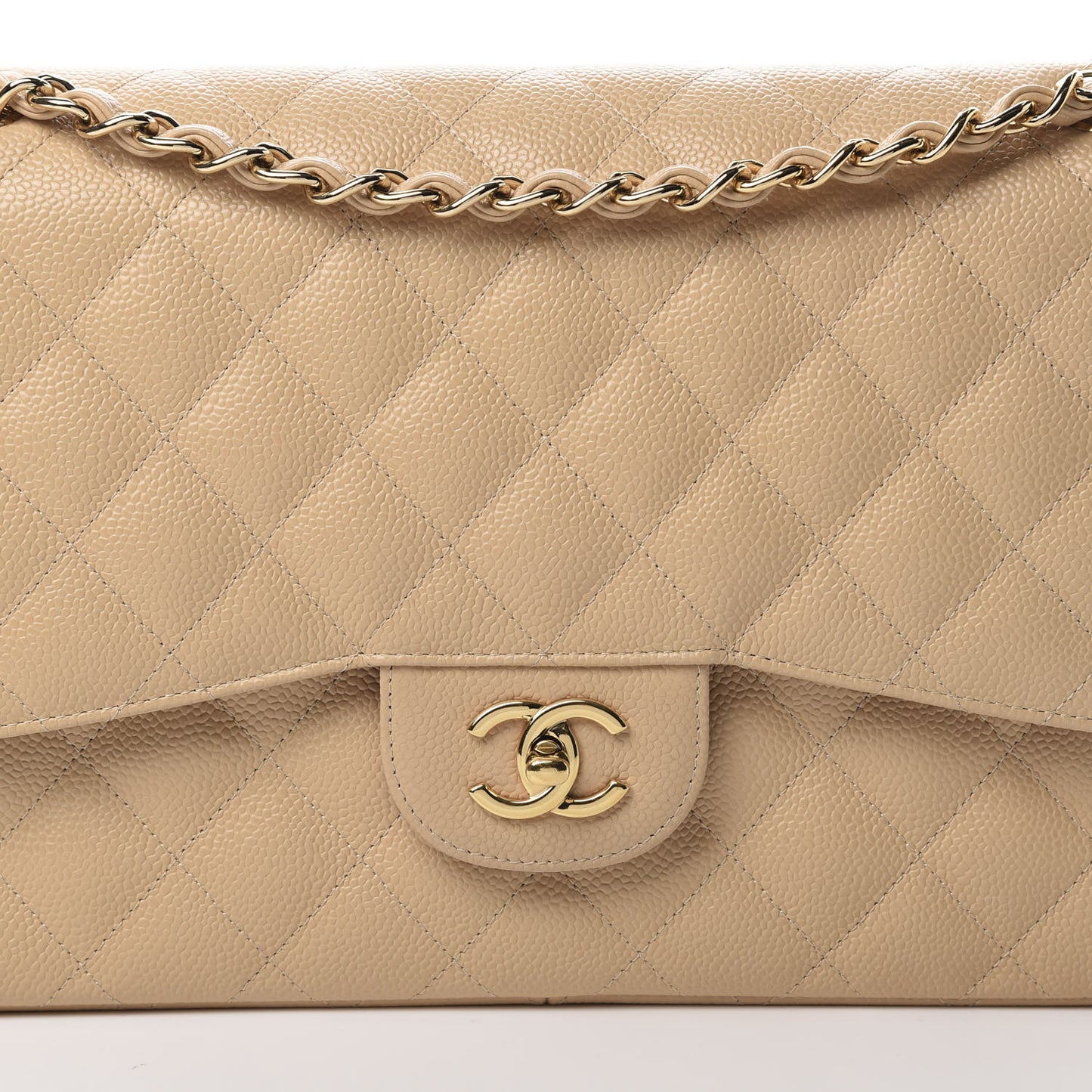 Caviar Quilted Jumbo Double Flap Beige Clair