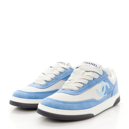 Chanel Suede Kidskin Womens CC Sneakers 37.5 White Blue 3 of 10