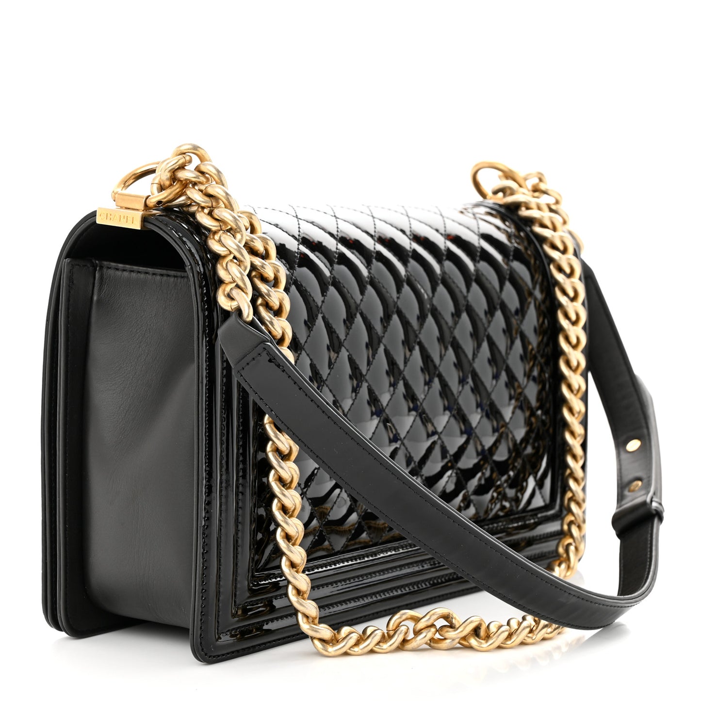 Patent Calfskin Quilted New Medium Boy Flap Black