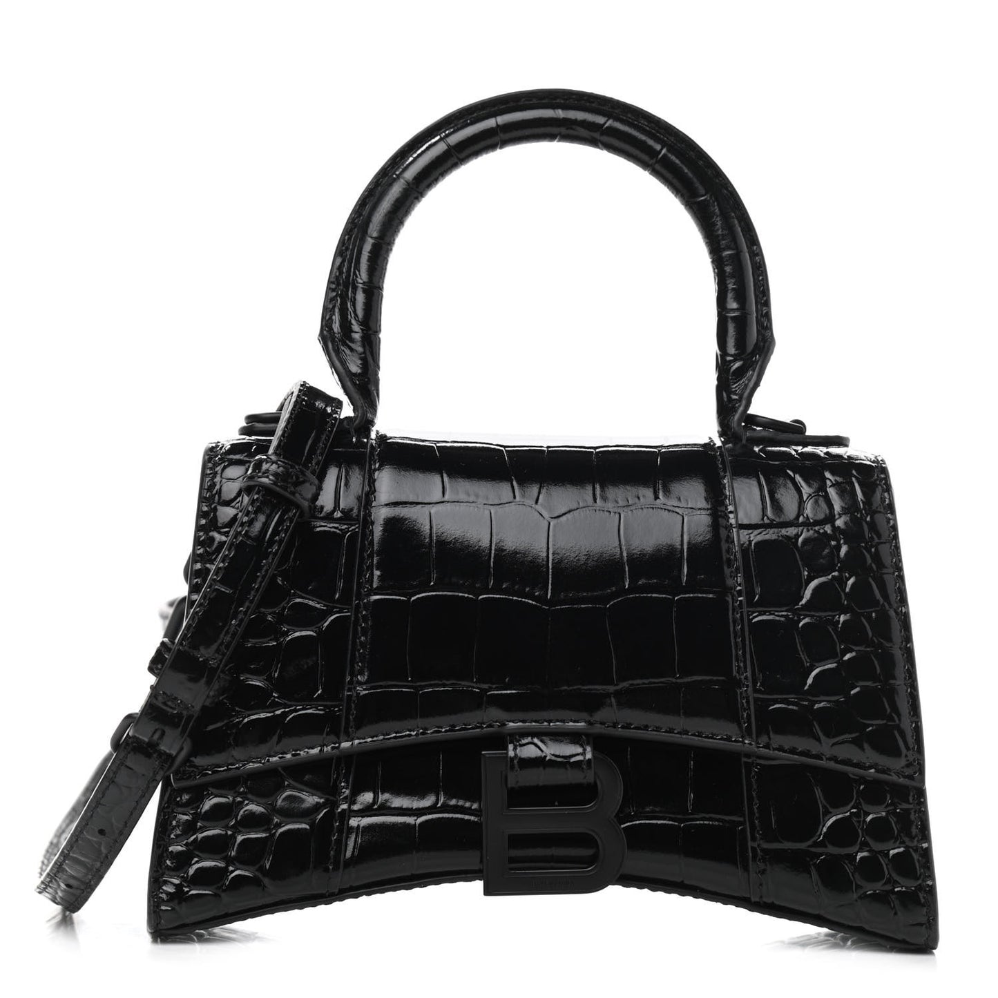 Shiny Calfskin Monochrome Crocodile Embossed Hourglass Top Handle Bag XS Black