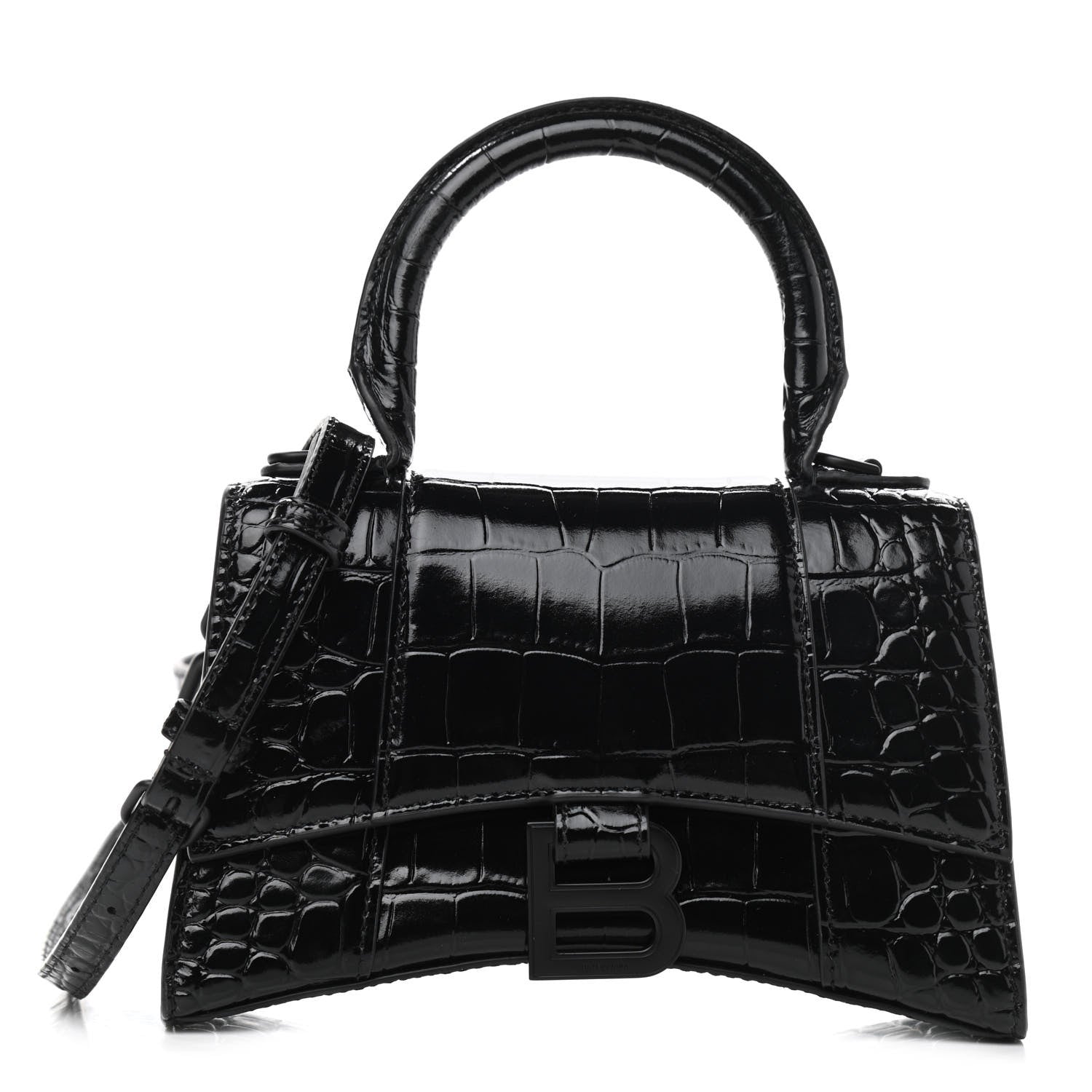 Balenciaga Shiny Calfskin Monochrome Crocodile Embossed Hourglass Top Handle Bag XS Black 1 of 11