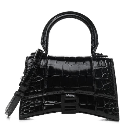 Balenciaga Shiny Calfskin Monochrome Crocodile Embossed Hourglass Top Handle Bag XS Black 1 of 11