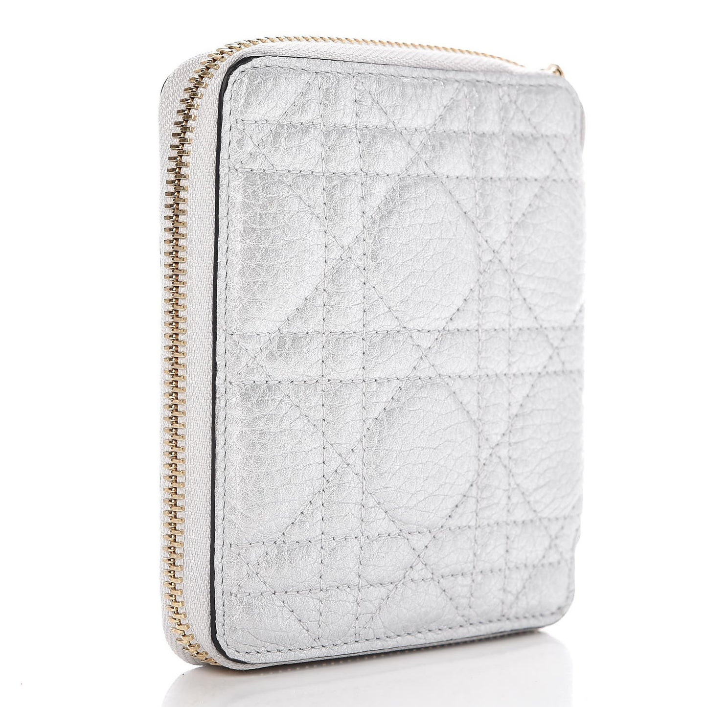 Metallic Calfskin Cannage Lady Dior Medium Wallet Silver