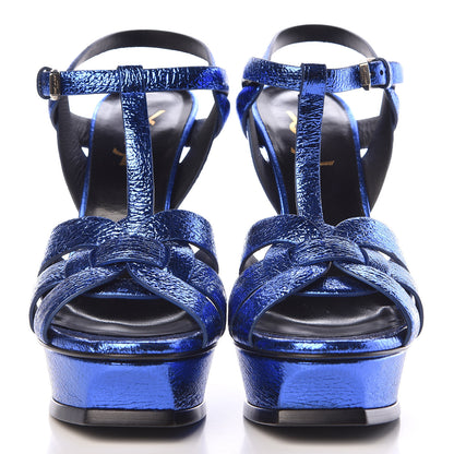 Saint Laurent Metallic Calfskin Tribute 105 Platform Sandals 39 Blue 2 of 9