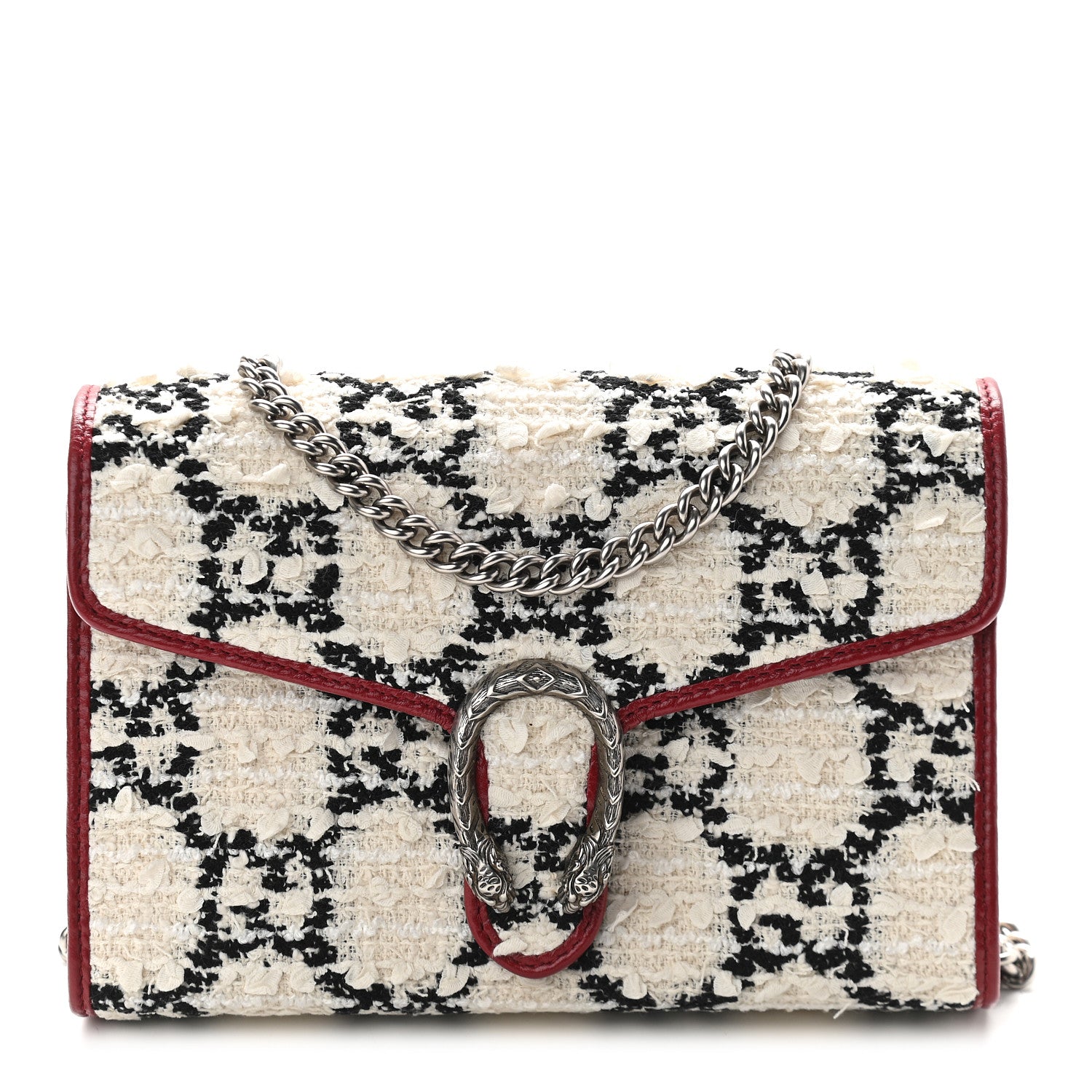 Gucci Tweed GG Monogram Mini Dionysus Chain Wallet White Black Romantic Cherry 1 of 8