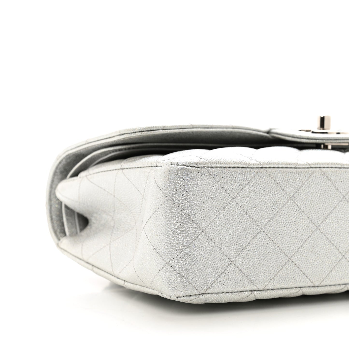 Glittered Metallic Caviar Quilted Medium Double Flap Silver