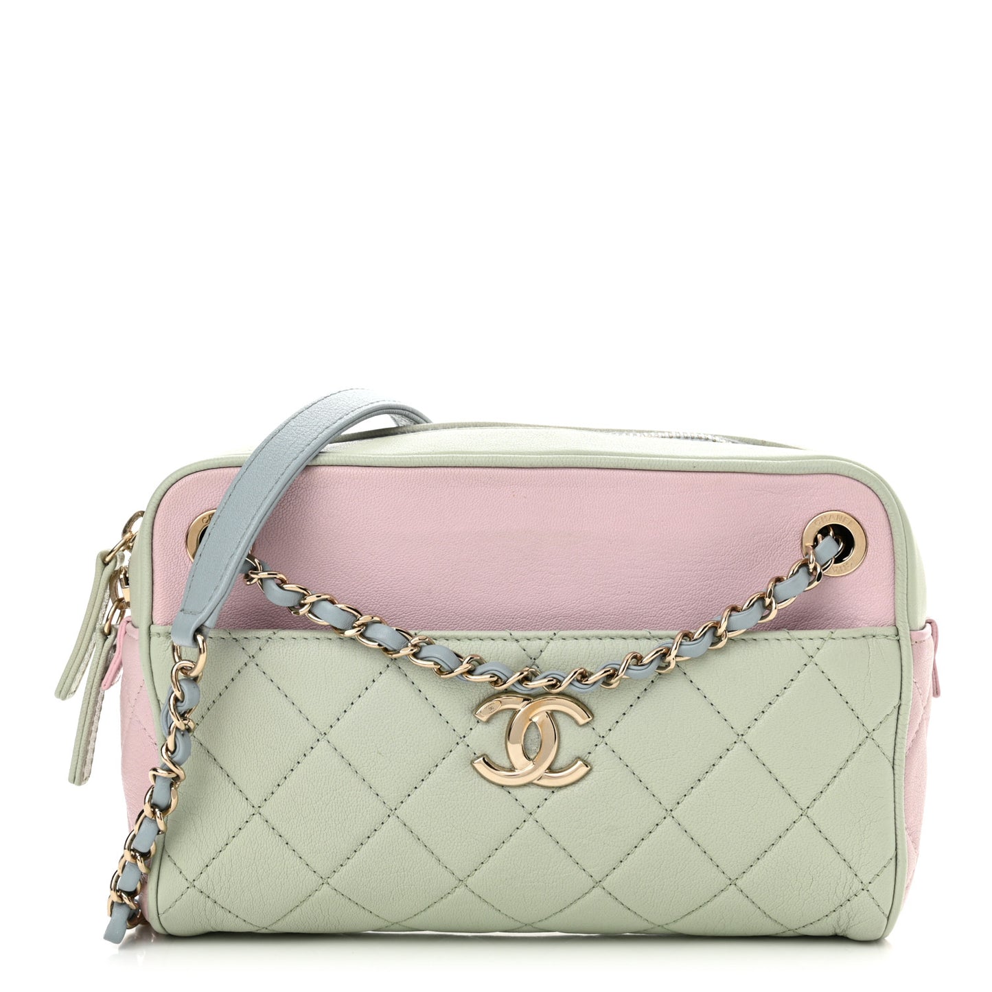 Goatskin Quilted Tri-Color Small In & Out Camera Case Green Blue Pink
