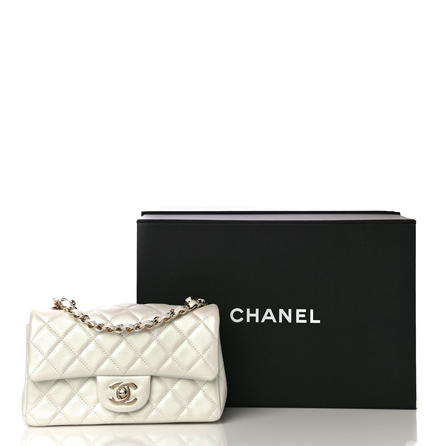 Iridescent Calfskin Quilted Mini Rectangular Flap White