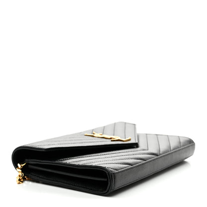 Saint Laurent Grain De Poudre Matelasse Chevron Monogram Chain Wallet Black 4 of 12