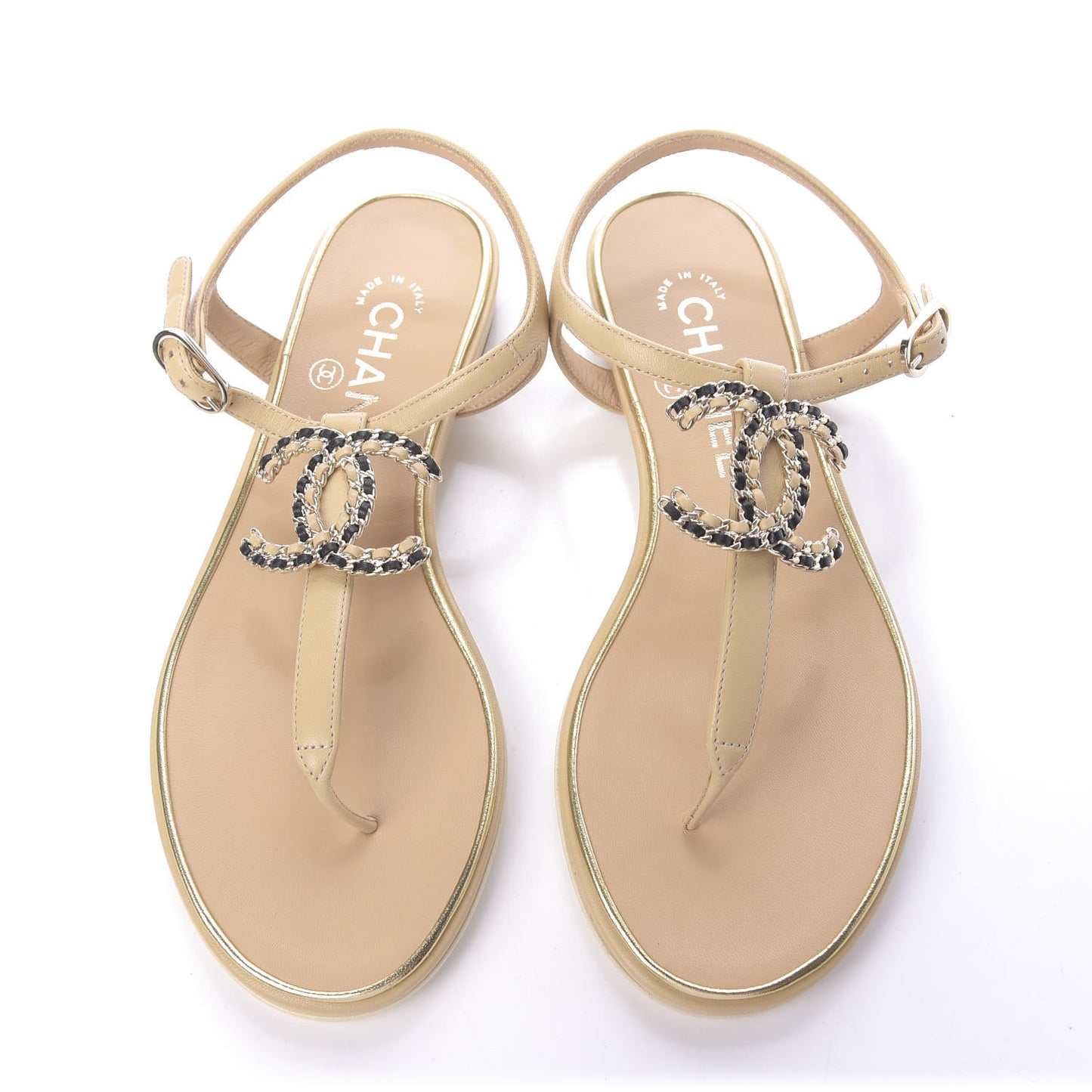 Lambskin CC Chain Thong Sandals 36 Beige