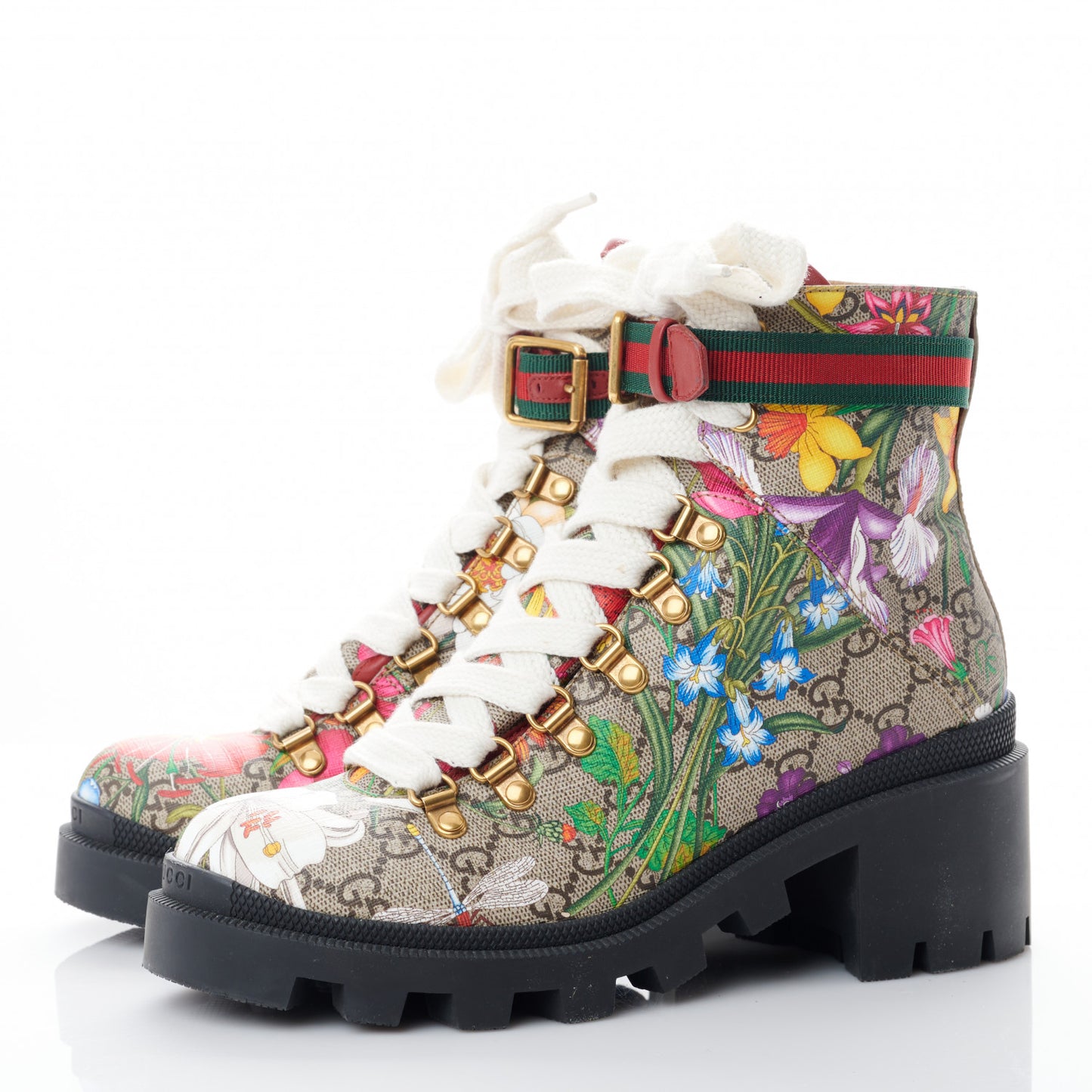 GG Supreme Monogram Flora Lace Up Combat Ankle Boots 37.5 Beige Multicolor Red