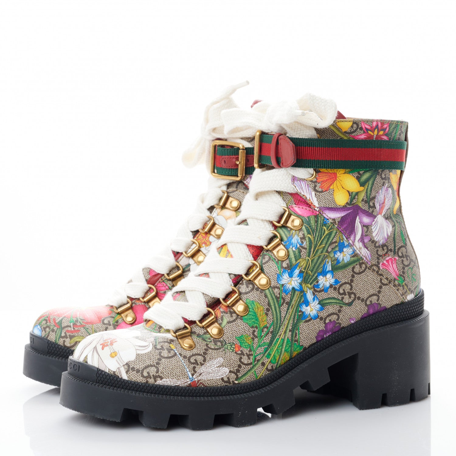 Gucci GG Supreme Monogram Flora Lace Up Combat Ankle Boots 37.5 Beige Multicolor Red 3 of 8