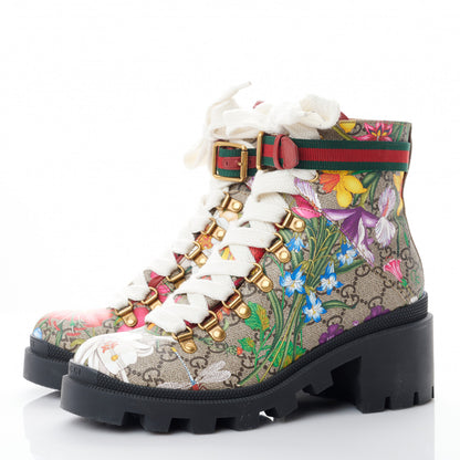 Gucci GG Supreme Monogram Flora Lace Up Combat Ankle Boots 37.5 Beige Multicolor Red 3 of 8