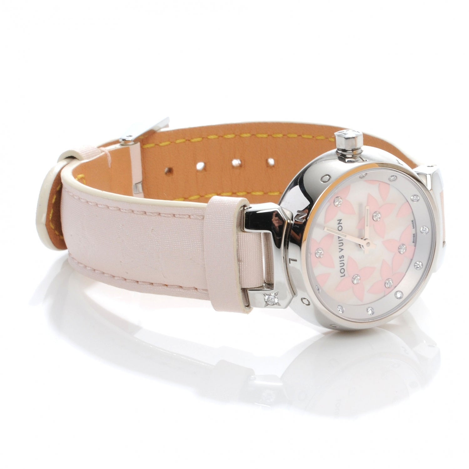 Louis Vuitton Stainless Steel Douceur Diamond Mother of Pearl 28mm Tambour Lovely Quartz Watch Pink 5 of 8