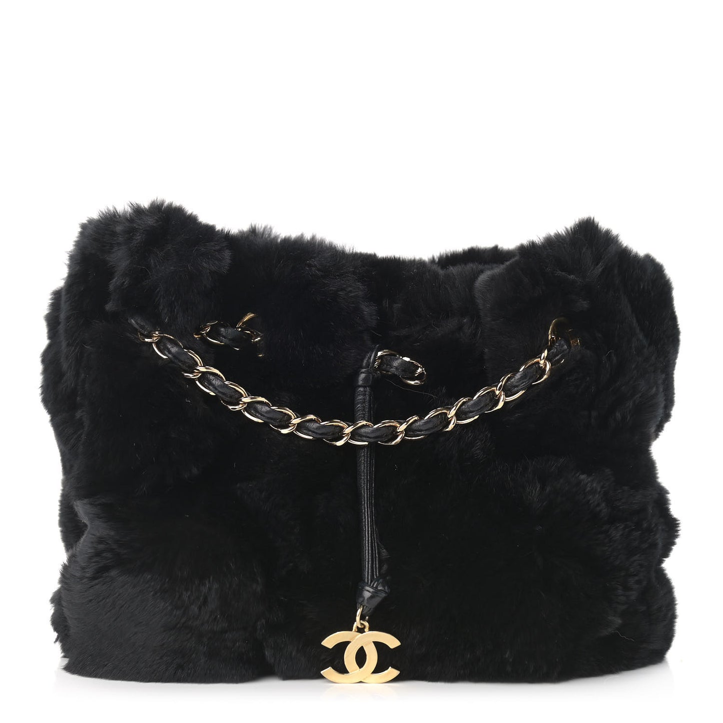 Rabbit Fur Reversible Drawstring Bag Black