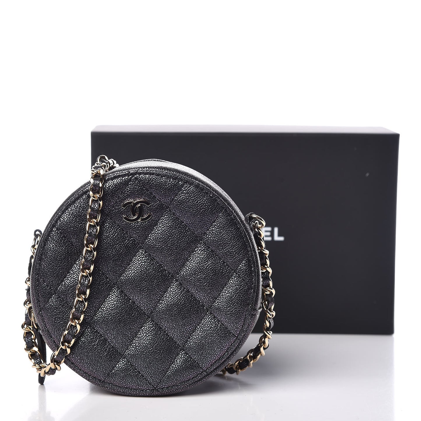 Iridescent Caviar Quilted Round Clutch With Chain Black