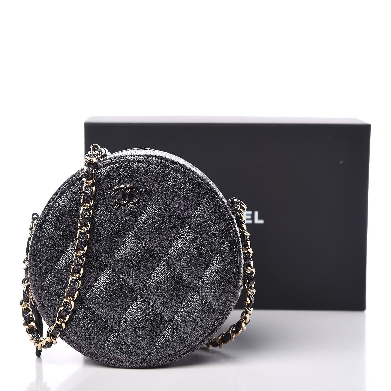 Chanel Iridescent Caviar Quilted Round Clutch With Chain Black 10 of 10