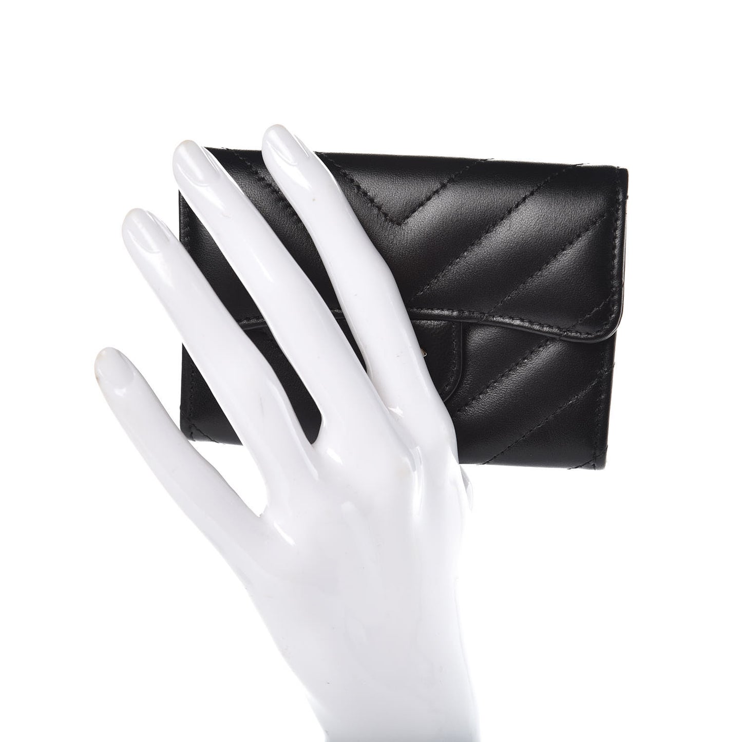 Lambskin Chevron Quilted Flap Card Holder Black