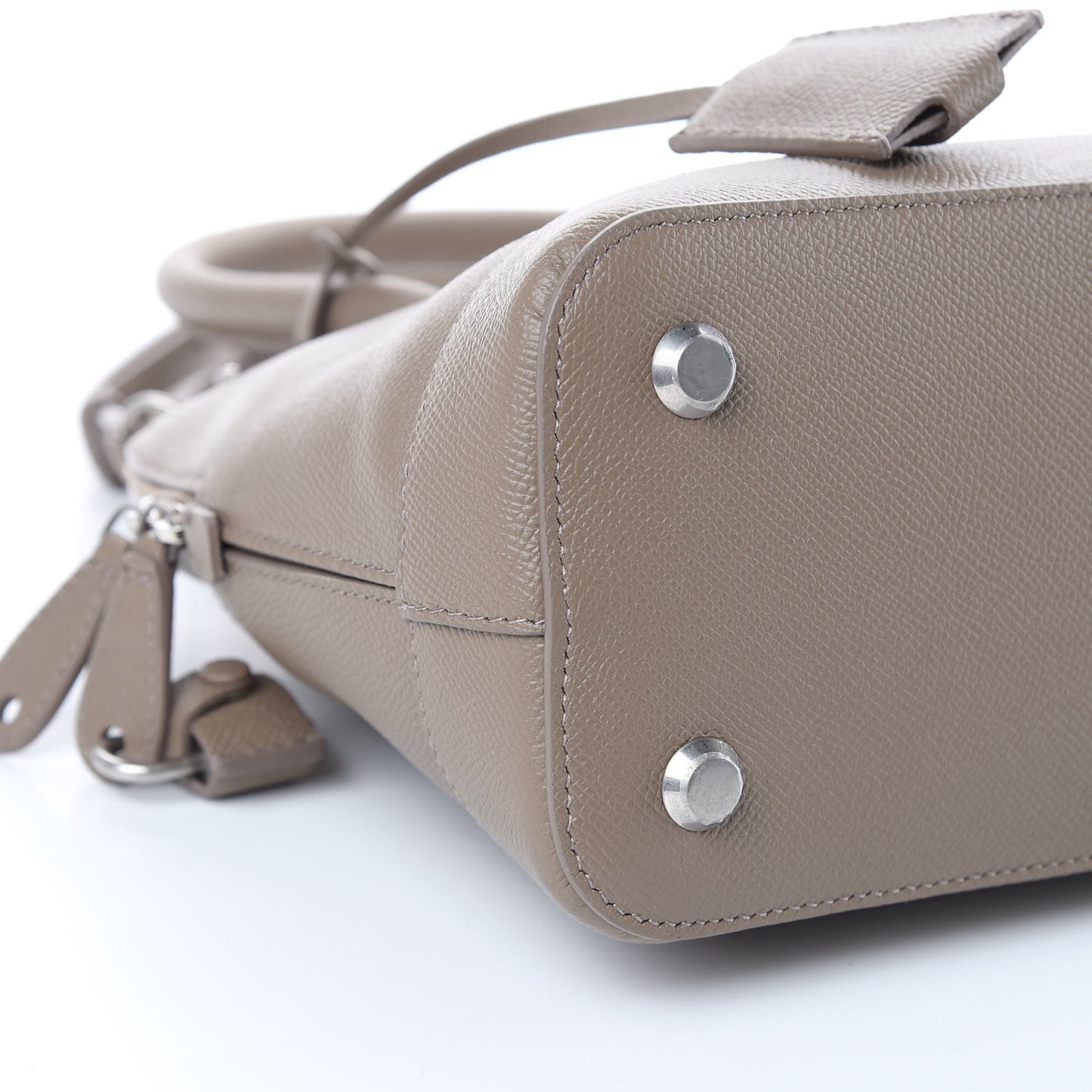 Signature Grained Calfskin Logo S Ville Top Handle Bag Mink Grey White